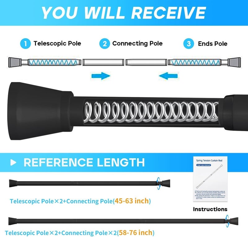 ZipGlo Shower Curtain Rod Black Tension Rod 45 to 77 Inch 2PCS Spring Curtain Rod Shower rod Non Slip shower curtain rod 1pcs for Windows No Drilling Adjustable Tension Rods of Curtain Window Closet Kitchen - Image 4